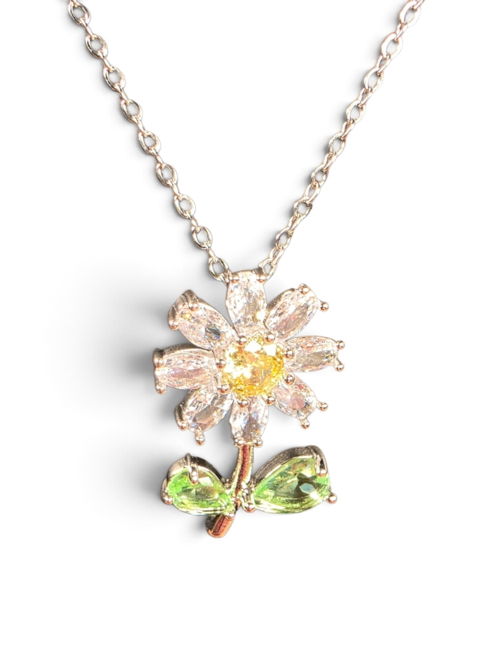Daisy Crystal Pendant Necklace - Silver Tone w/ Yellow & Green Stones NEW!